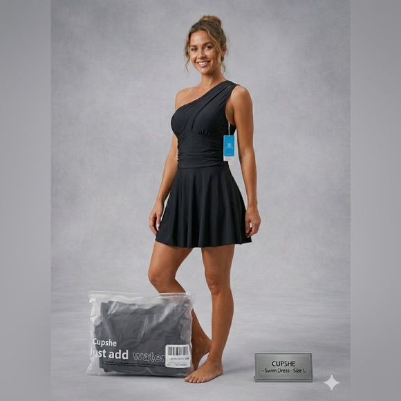 Cupshe Other - Cupshe Black One-Shoulder Swimdress with Skirt